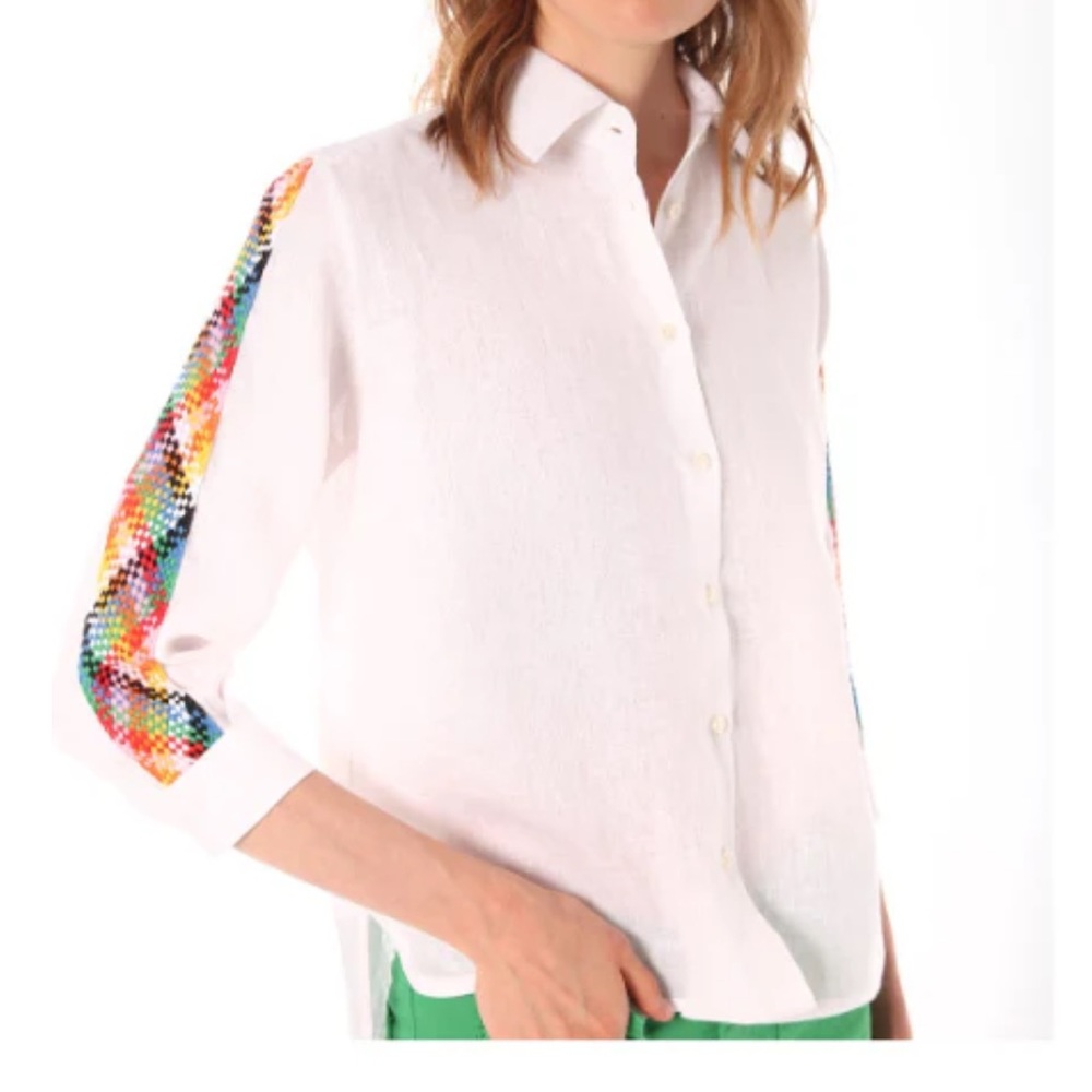 Vilagallo Linen White Blouse with Colorful Patterned Sleeves